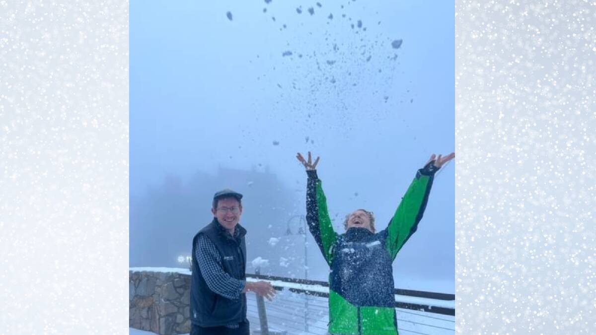 FUN: James Eggleston and Will Atkinson enjoy the first snow fall of the year at Falls Creek. Picture: BRIDGET HALSALL