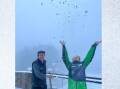 FUN: James Eggleston and Will Atkinson enjoy the first snow fall of the year at Falls Creek. Picture: BRIDGET HALSALL
