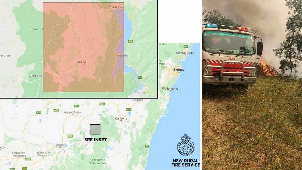 People inside the leave zone have been urged to get out before 10am on Friday. Pictures: NSW RFS/Adelong Rural Fire Brigade