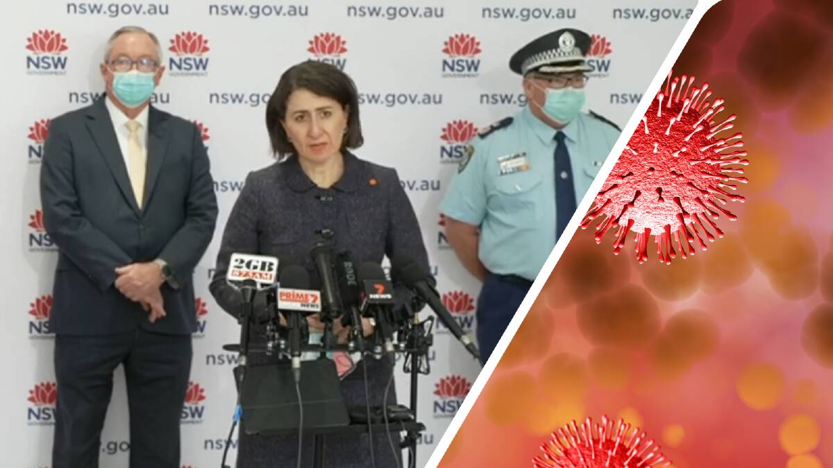 Premier Gladys Berejiklian addresses the media on Tuesday, with health minister Brad Hazzard and NSW Police Deputy Commissioner Gary Worboys.