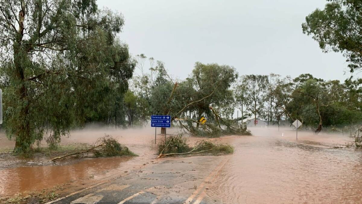 Floodwaters on the approach to Griffith's airport, where the terminal has closed for 24 hours after being inundated on Thursday. Picture: Griffith City Council