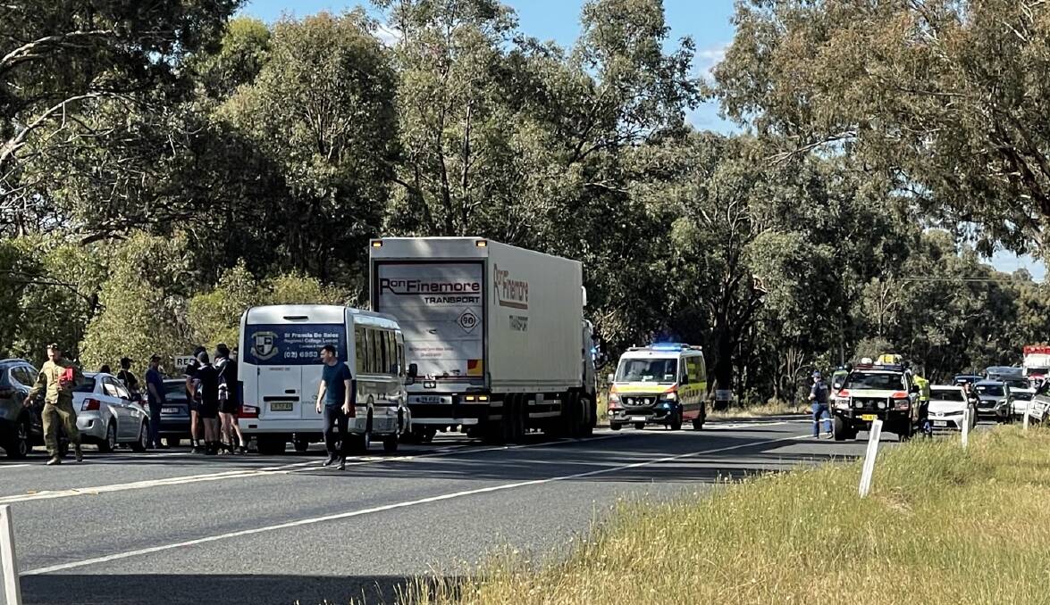 Emergency services respond to reports of a pedestrian being struck by a vehicle on the Olympic Highway on Thursday. Picture by Taylor Dodge