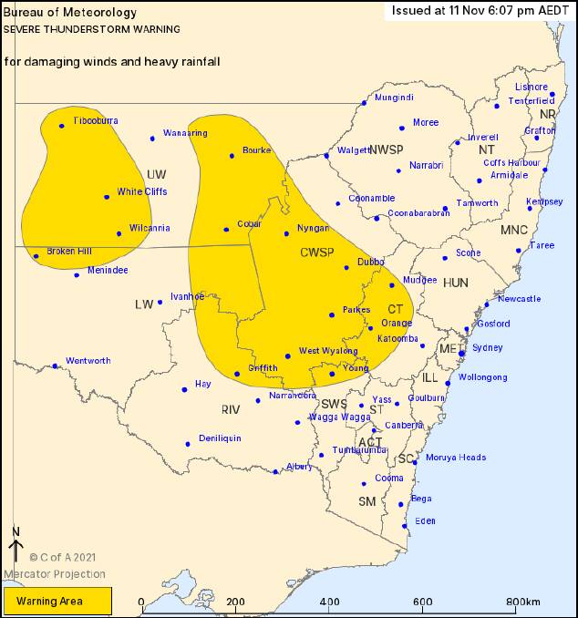 A large area of the region's north-west is subject to a severe thunderstorm warning. Picture: Bureau of Meteorology