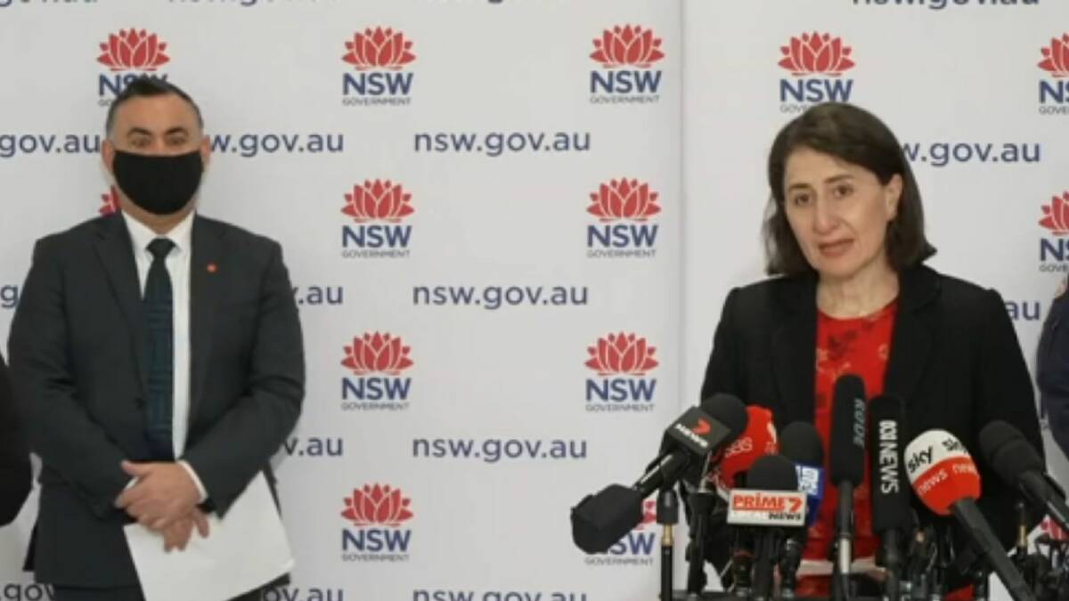Deputy premier John Barilaro and premier Gladys Berejiklian at the August 30 NSW daily coronavirus update.