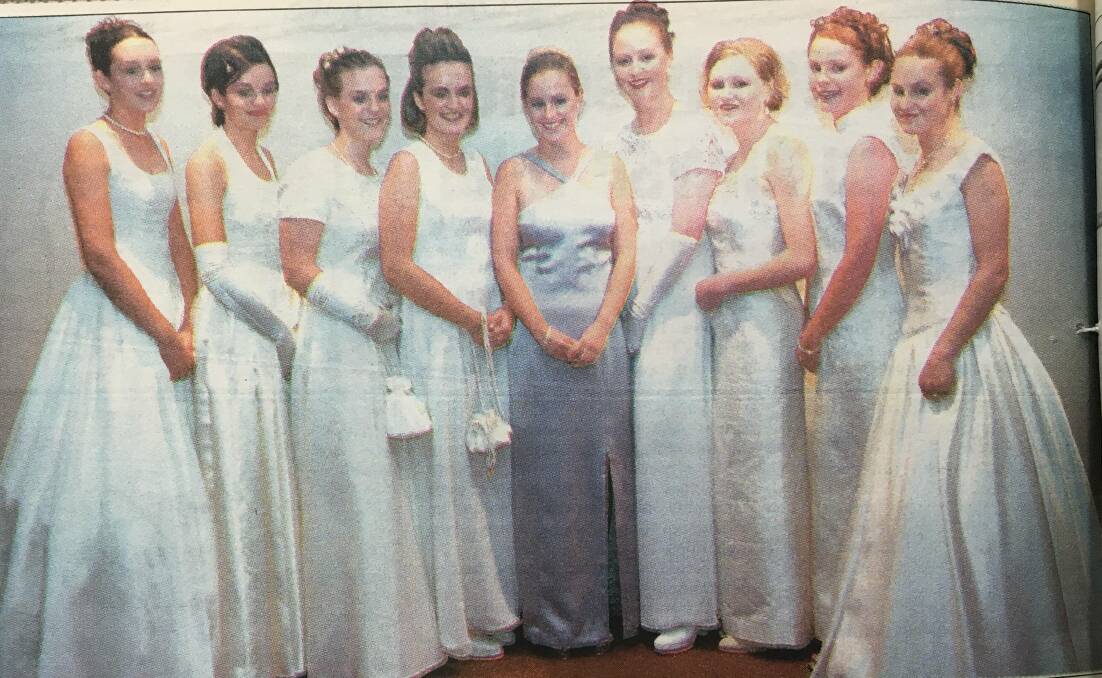 1998: Trinity Senior High School students Stacey O'Brien, Mel Cameron, Anna Hill, Stacey McGary, Kristy Bowditch, Rebecca Hetherington, Rachel Gleeson, Lauren Ryan and Melissa Jaques completed an elegant picture before their graduation ball at Joyes Hall.