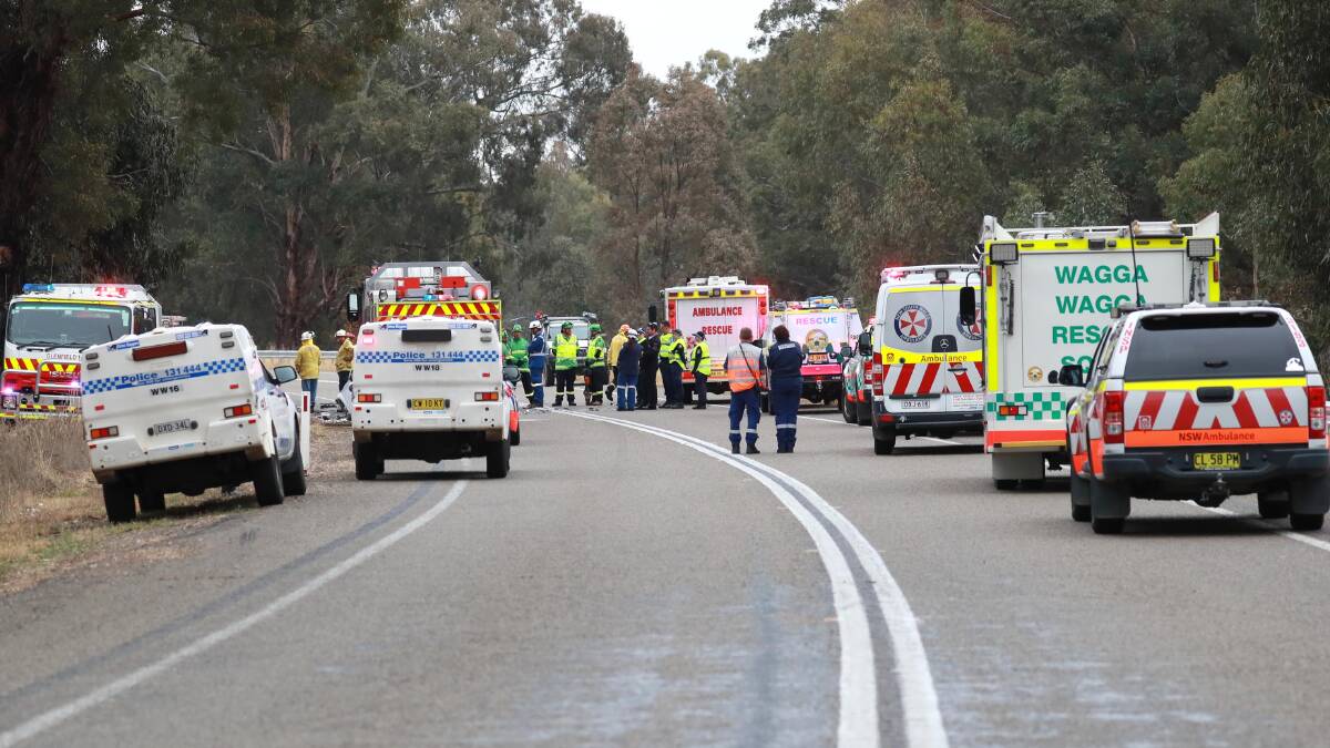 Wagga's emergency services arrived en masse after a fatal crash on the Sturt Highway at Yarragundry on Saturday. Picture: Les Smith
