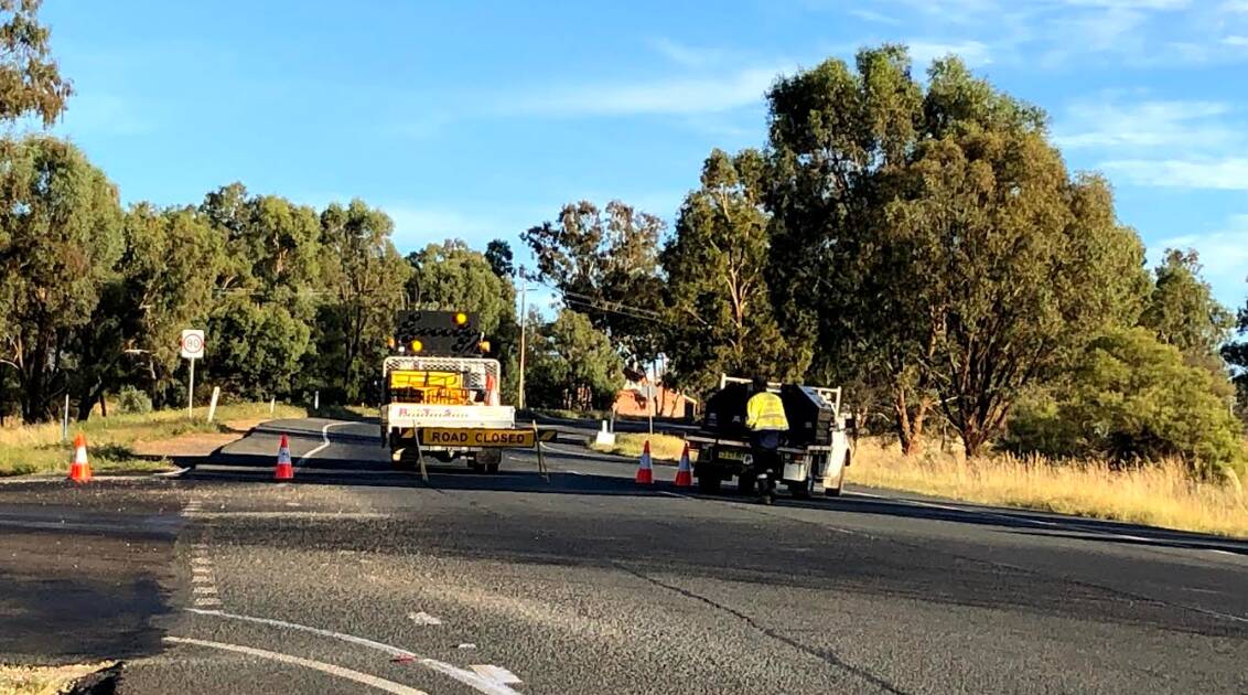 Coolamon Road closed after a man died in a two-car crash near Downside on Tuesday morning. Picture: Emma Horn