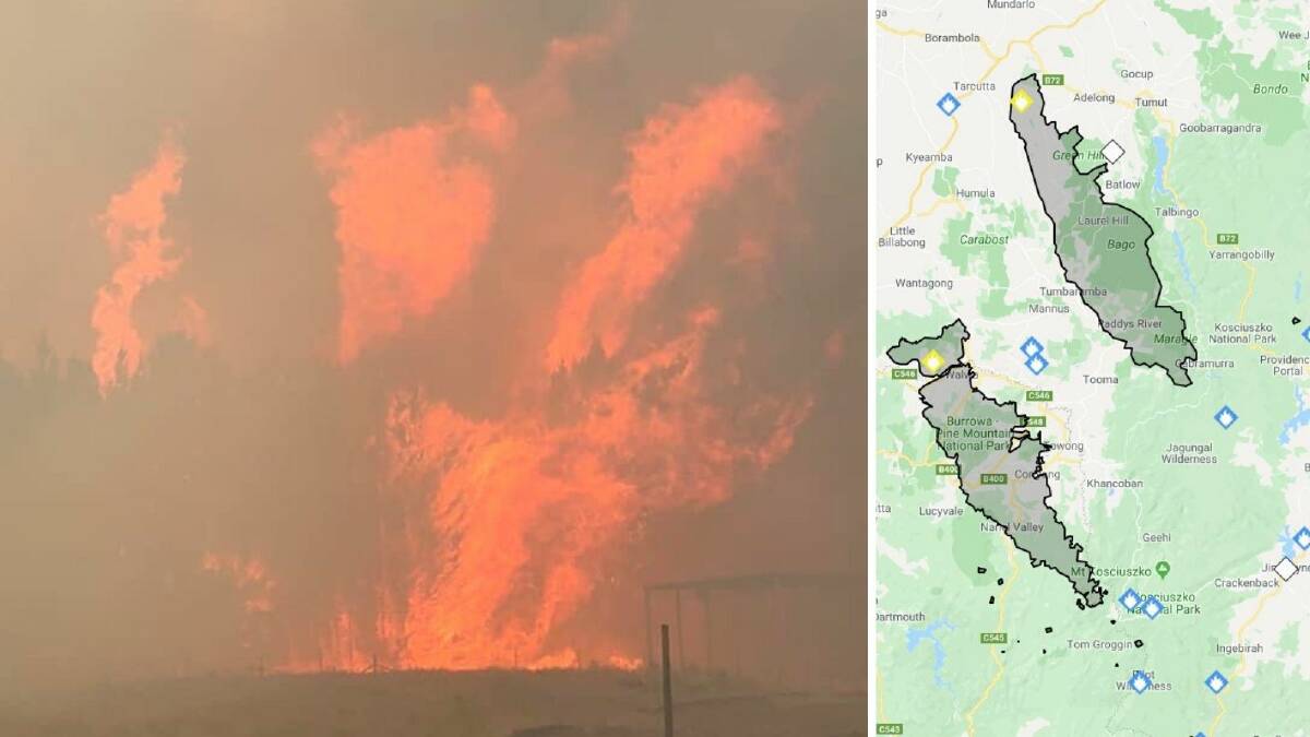 Fire crowns during backburning efforts around the Old Tumbarumba Road on Thursday, and (right) the Dunns Road and Green Valley firegrounds on Thursday. Picture: Adelong Rural Fire Brigade/NSW RFS