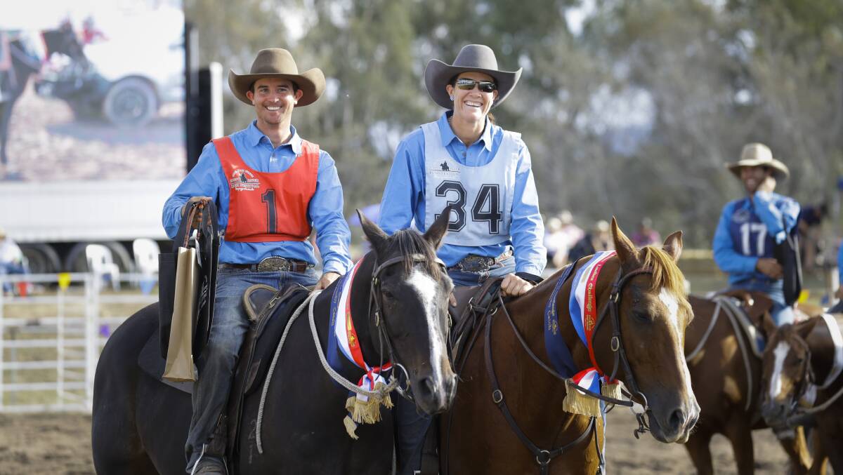 WINNERS ARE GRINNERS: Fiances Morgan Webb and Emma O'Shea both won the Man From Snowy River Stockman's Challenge for the second year in a row this year. Picture: ASH SMITH