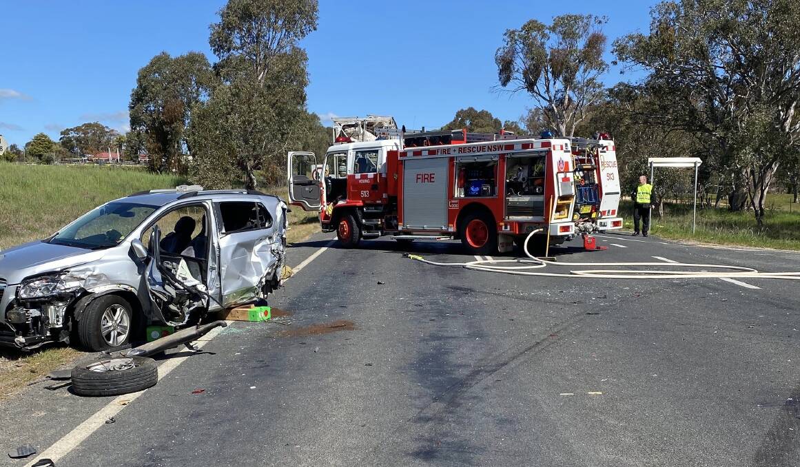 Emergency services freed two women from a car after it collided with a truck south of Young on Monday. Picture: Fire and Rescue NSW
