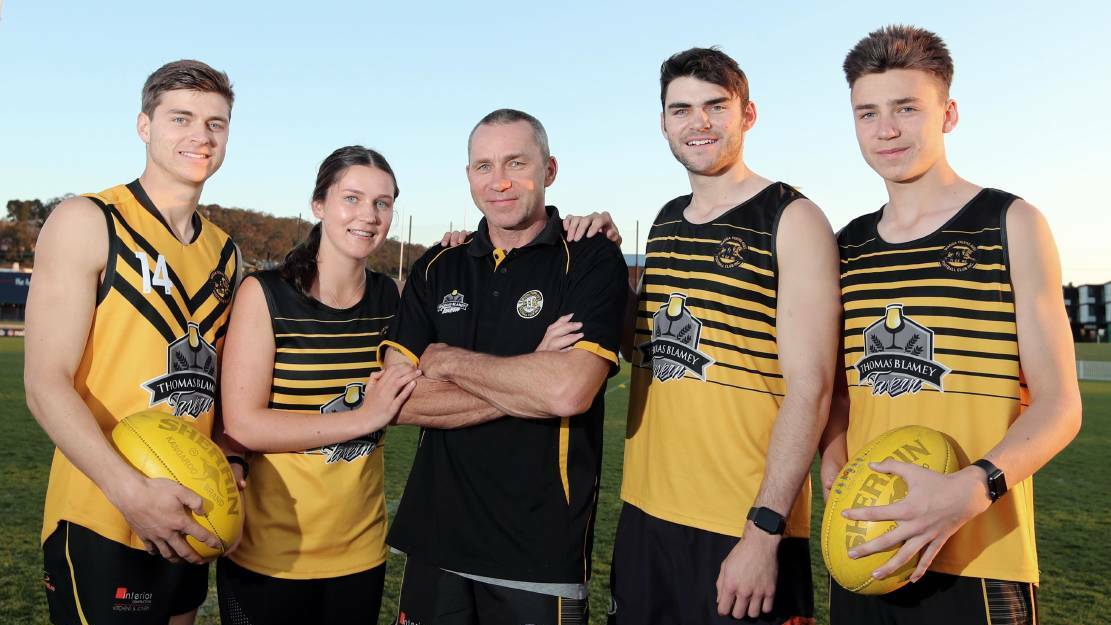  FAMILY AFFAIR: Jackson, Eliza, Paul, Ben and Harry Kelly at Wagga Tigers' training at Robertson Oval on Thursday night. Picture: Les Smith