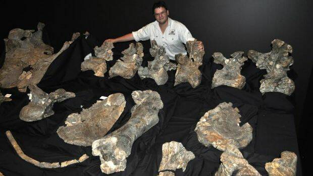 Stephen Poropat with the fossilised remains of Savannasaurus elliottorum - found in Queensland.  Photo: David Elliott, Australian Age of Dinosaurs Museum