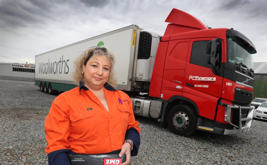 HITTING THE ROAD: Barbara Konstantakis feeling a little nervous but mostly excited just moments before she off on her first solo truck drive to Melbourne on Friday morning. Picture: Les Smith