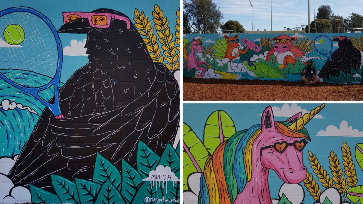 TEAMWORK: Acclaimed artist Mulga teamed up with students from Wagga High School to create this vibrant mural at the Livvi's Place playground featuring some of the things that make Wagga unique. Pictures: Supplied