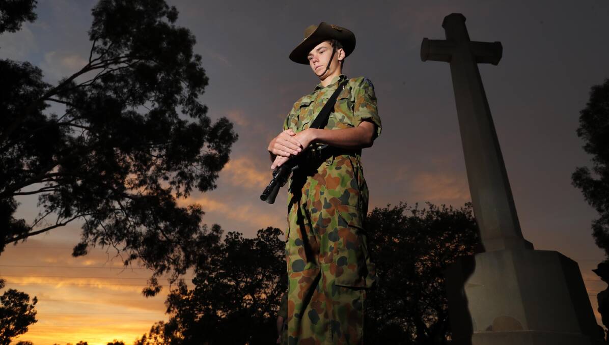 LEST WE FORGET: Corporal Hayden Riley of the 219 Australian Cadet Unit participates in Wagga's Anzac Day service as part of the catafalque party this April, almost 100 years after the end of World War I. Picture: Les Smith