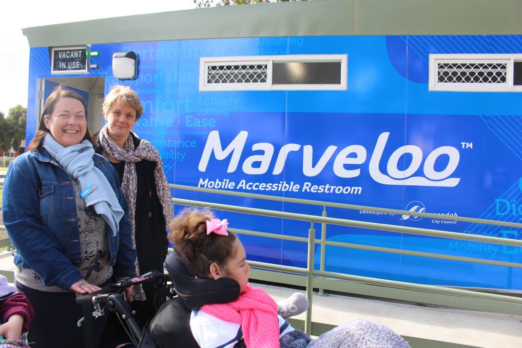 ALL ABOUT ACCESS: Intereach ability linker Kerein Mullins, Wagga City Council's Lisa Saffery, and Bella Mullins inspecting the new Marveloo. 