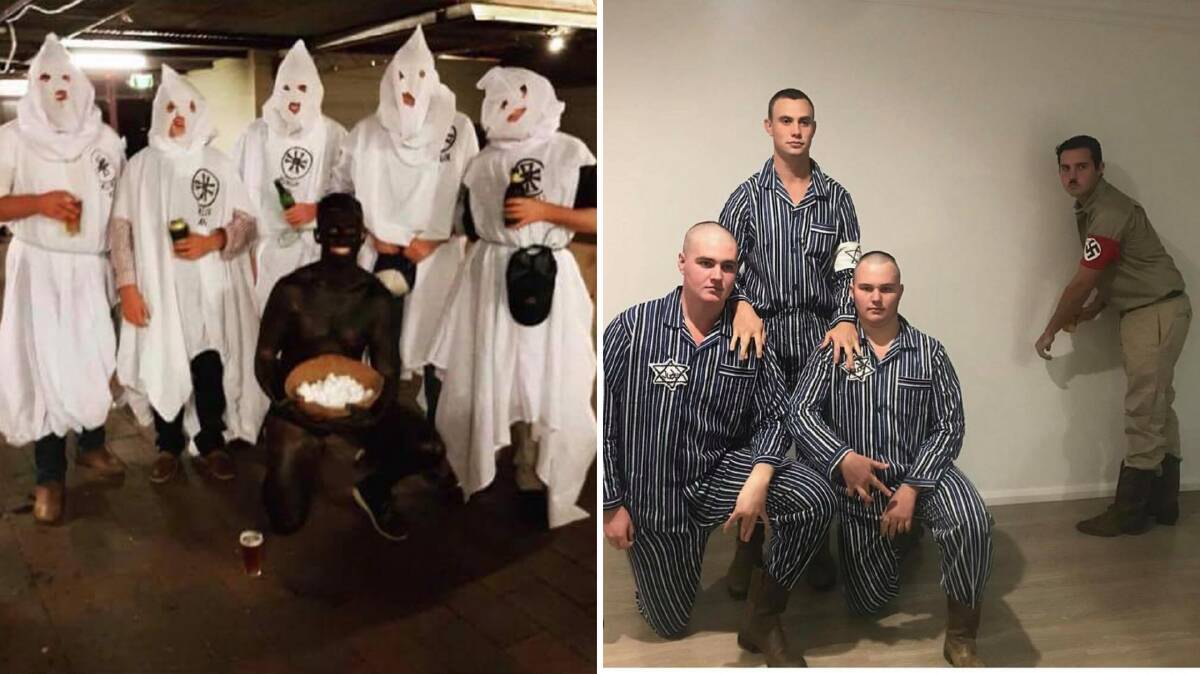 OUTRAGE: This group of CSU students came under fire overnight for these offensive costumes worn to a party at the Black Swan Hotel in North Wagga.