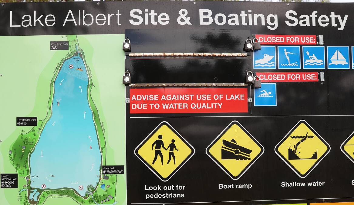 'CLOSED FOR USE': The discovery of faecal bacteria in Lake Albert led to another set of health warnings against using the water. Picture: Emma Hillier