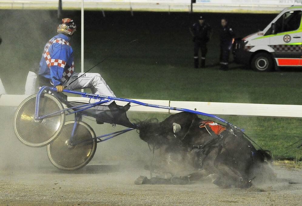 HORROR MOMENT: Jovial Rock's fall during the MIA Breeders Plate final in 2016.
