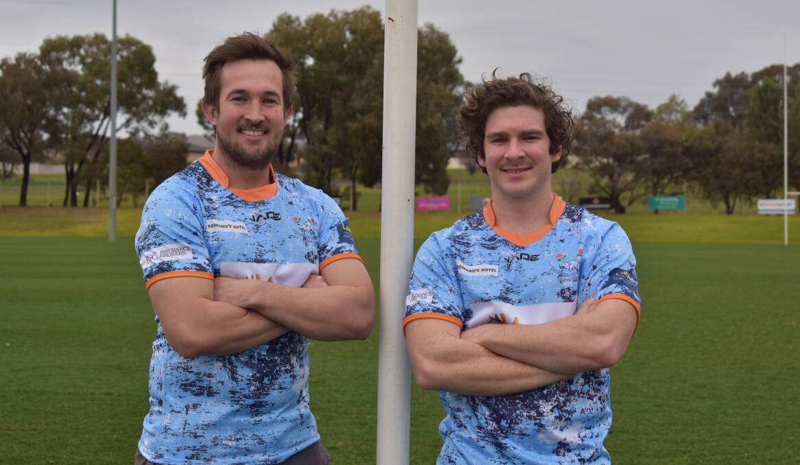 NEW LOOK: Waratahs playmakers Gerard McTaggart and Josh Gemmell is the club's jumpers in support of the Black Dog Institure which will be auctioned off after their game with CSU on Saturday. Picture: Courtney Rees