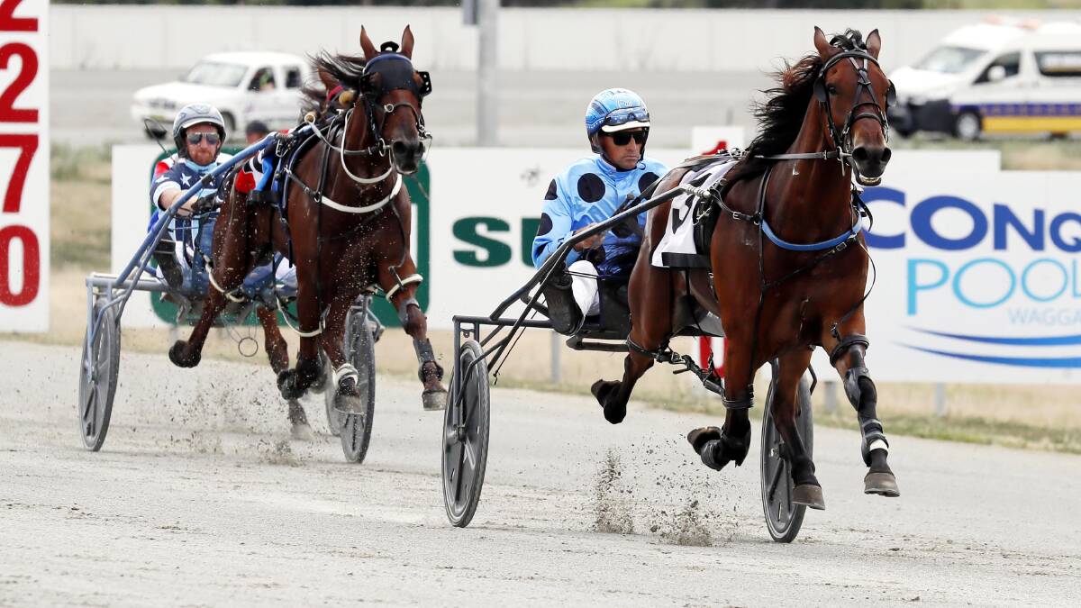 OFF AND GONE: Matthew Harri drives Beyond Bling to victory for the second time this week at Riverina Paceway on Friday. Picture: Les Smith