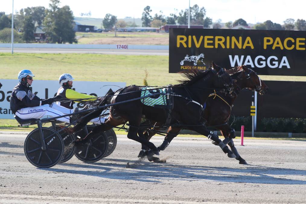 TIGHT FINISH: Norms Courage holds off Isntthatright to take out one of the up to 53 heats at Riverina Paceway on Friday. The final will be held at the club's meeting next week. Picture: Emma Hillier