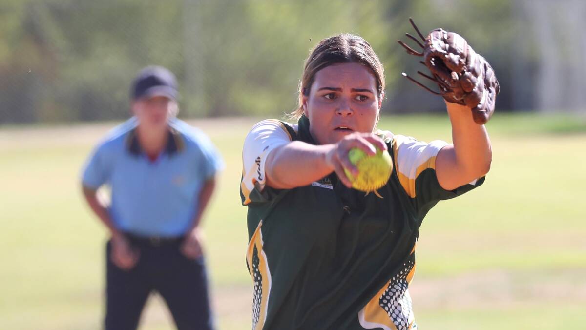 READY TO FIRE: Montana Kearnes pitching for South Wagga Warriors in their finals win.