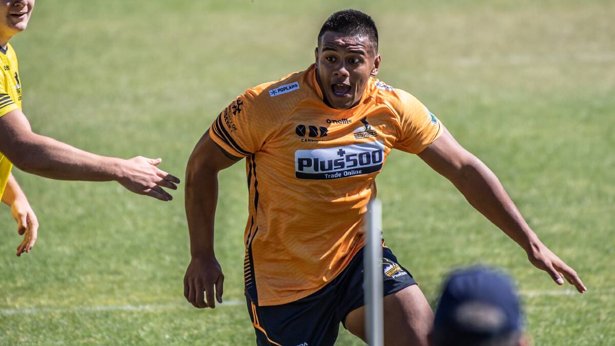 READY TO GO: Allan Alaalatoa, pictured getting put through his paces at ACT Brumbies training, expects to play plenty of minutes during the Super Rugby trial at Greenfield Park on Thursday.