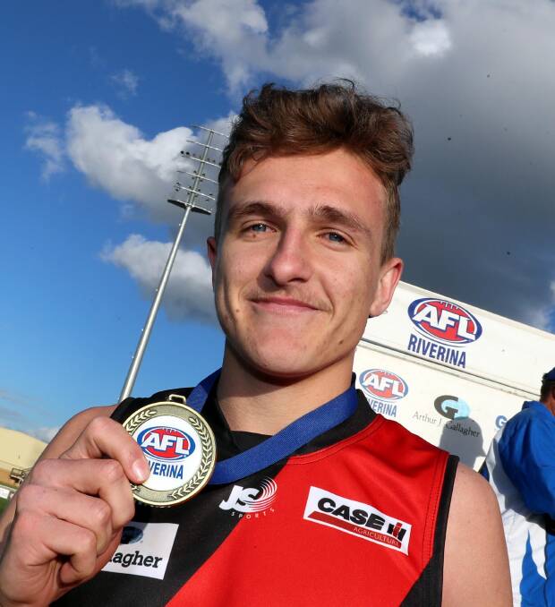 PROUD MOMENT: Marrar defender Jack Reynolds celebrates after being named best in the Bombers win over North Wagga on Saturday. He missed last year's grand final through injury. Picture: Les Smith