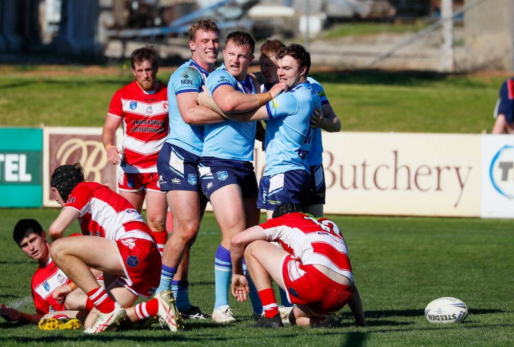 Tumut celebrates a try from Zac Masters in their big win over Temora in the Group Nine major semi-final at Nixon Park on Sunday. Picture by Les Smith