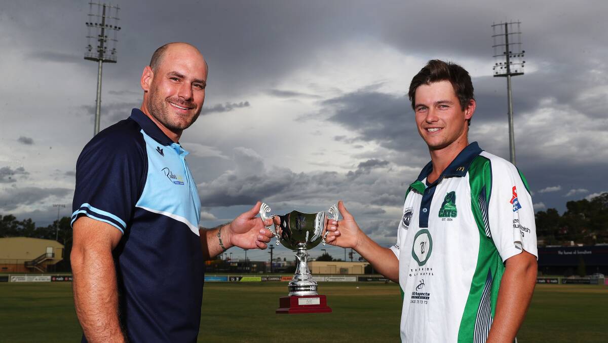 LEADING THE WAY: Wagga City captain Josh Thompson, right, with South Wagga counterpart Jeremy Rowe ahead of the grand final at Robertson Oval this weekend. Picture: Emma Hillier