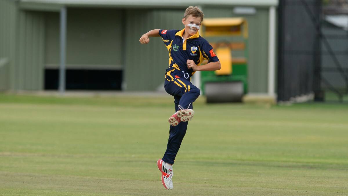 OH WHAT A FEELING: Central Coast's Lachie Shedden is delighted after claiming the wicket of the dangerous Jake Scott in the Kookaburra Cup (under 14) game. Picture: The Border Mail