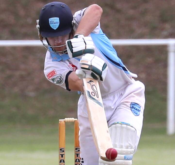STRAIGHT BAT: Brayden Ambler sends the ball back down the ground on the way to making 88 for South Wagga up against Wagga City on Saturday. Picture: Les Smith