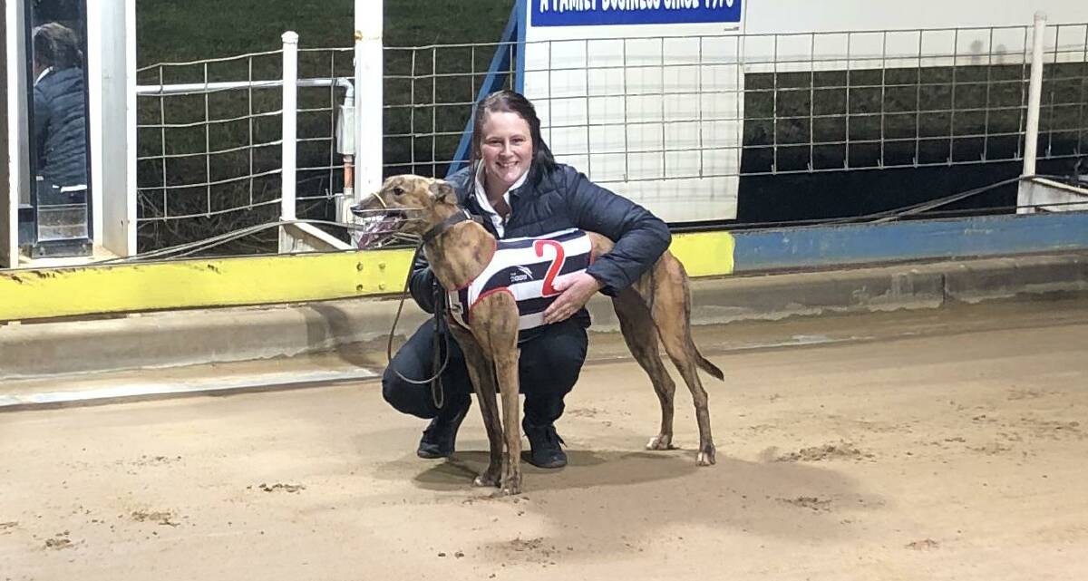 DOUBLE UP: Chelsee Oakman with Tranquil Ginga after her win at Wagga on Sunday night. It was part of a double for the Oakman family with littermate Tranquil Gypsy winning later on the 11-race card. 