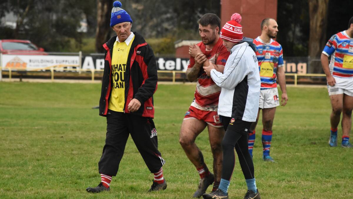 Hayden Lomax comes off after breaking his wrist in Temora's first loss of the season on Sunday.