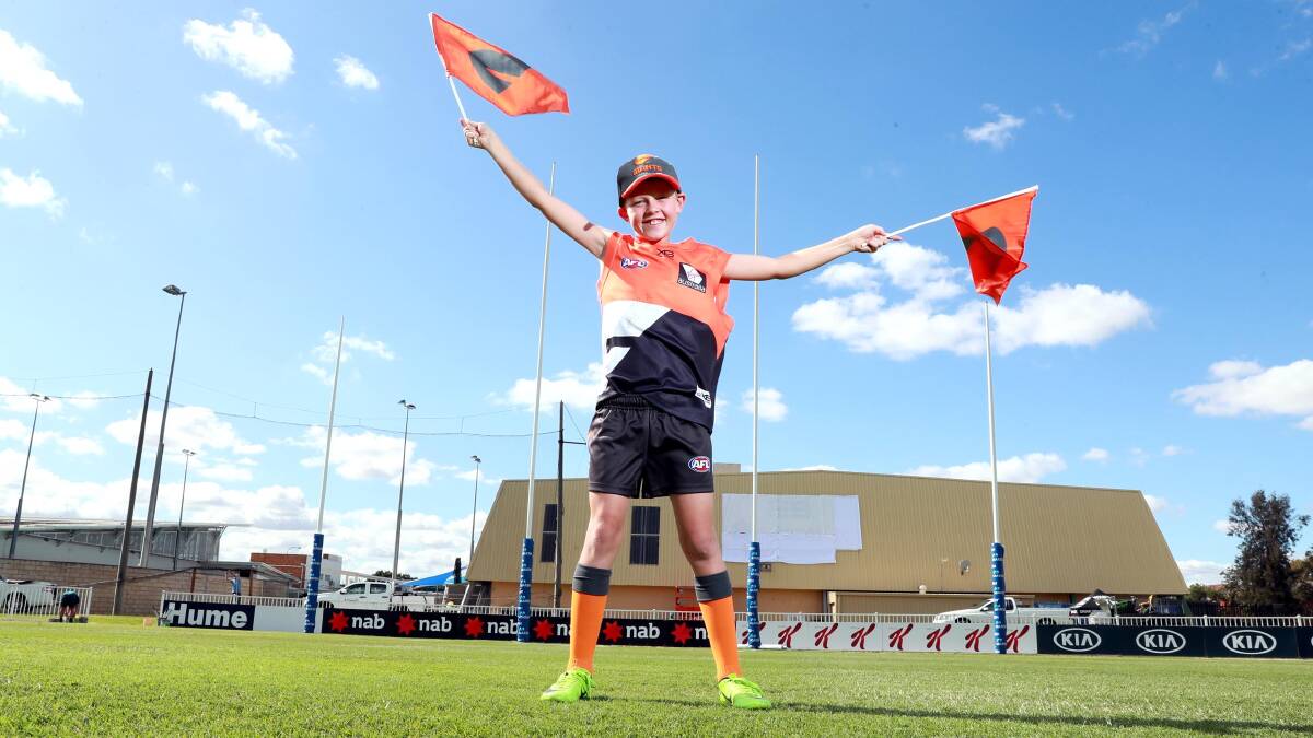 HERE'S CHEERS: Finn Parker has been selected as the Greater Western Sydney mascot and will run out alongside alongside the Giants on Sunday. Picture: Les Smith