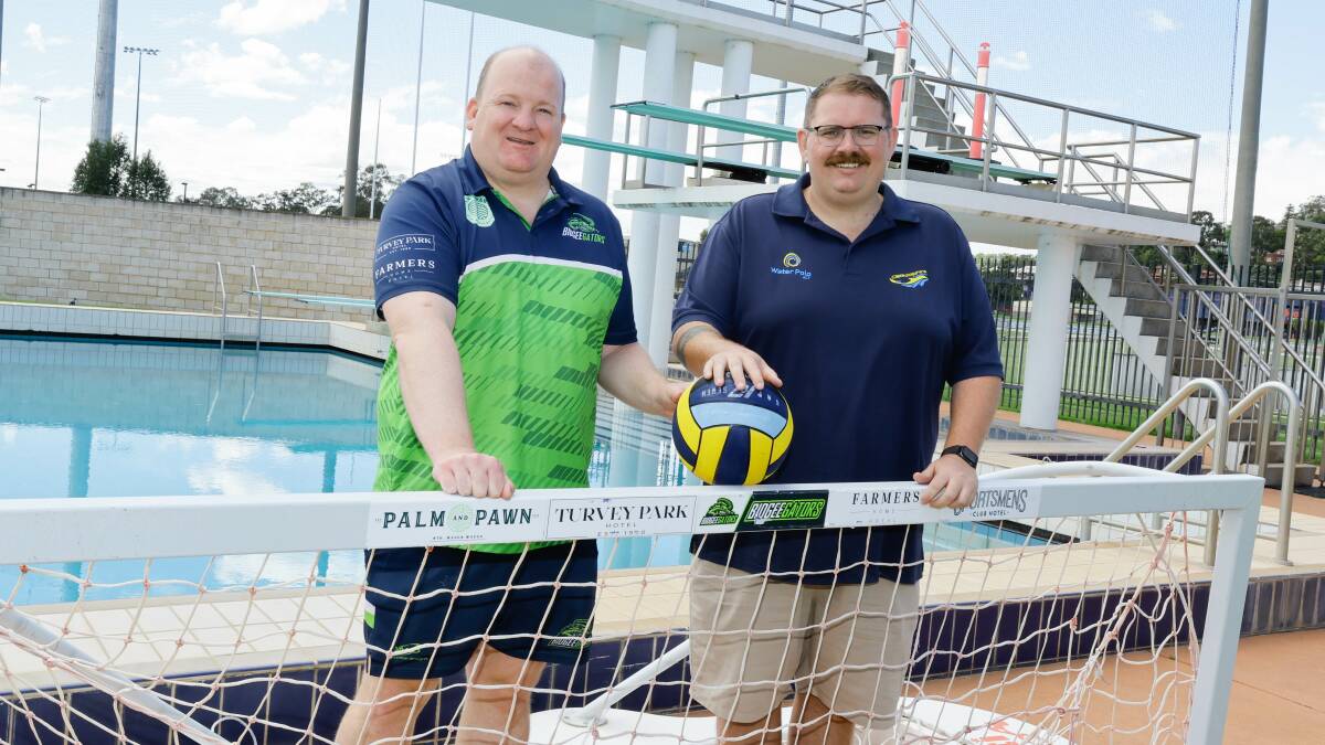 Wagga Water Polo president Steven Cook and ACT Water Polo chief executive Ryan McDermott announcing plans for Wagga to host the ACT water polo club championships in February. Picture by Les Smith