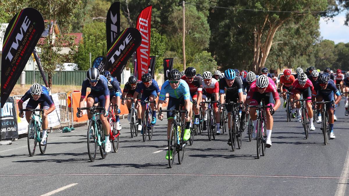 TIGHT FINISH: Ayden Toovey takes out a bunch sprint to win the first leg of the Tolland Open on Saturday. Picture: Emma Hillier
