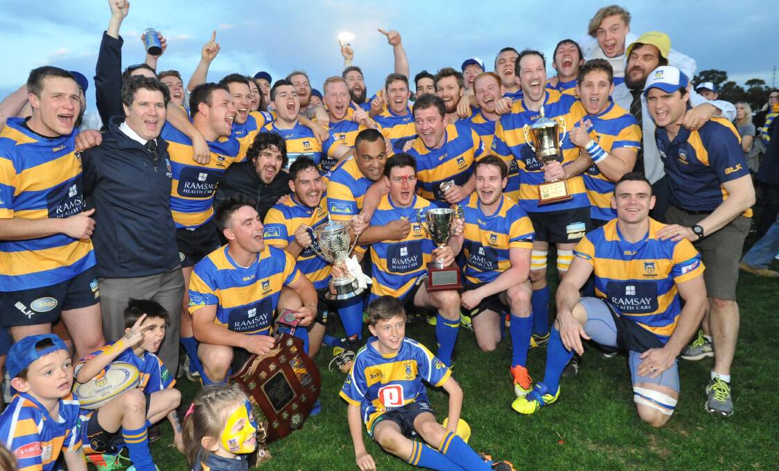 PARTY TIME: Albury celebrates second Southern Inland premiership in three years afer a 30-24 win over Waratahs. Picture: Laura Hardwick