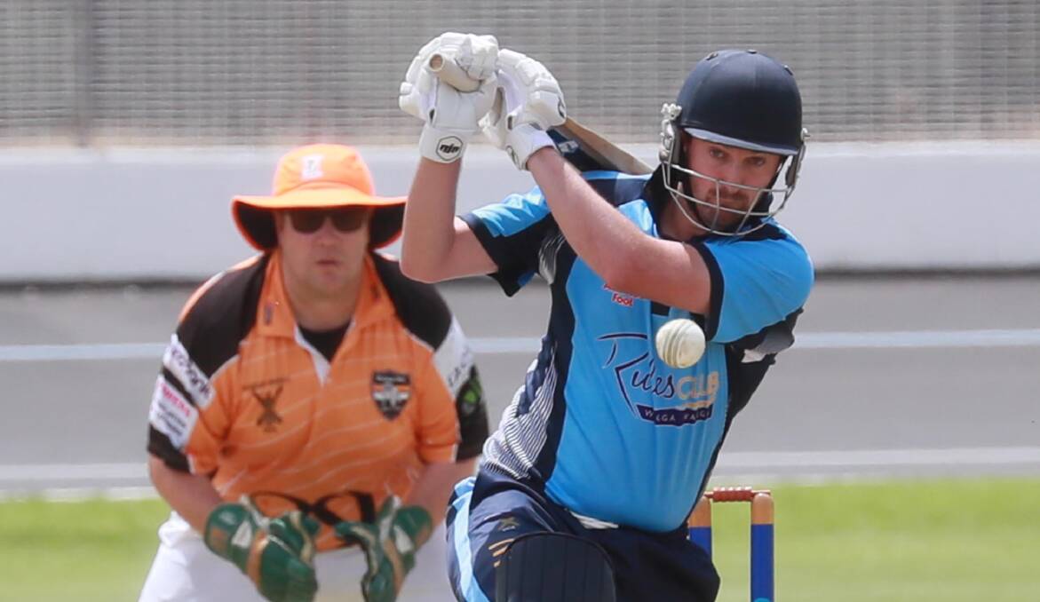 FIRING AWAY: Alex Smeeth launches a ball away late in South Wagga's innings as the Blues continued their unbeaten start with a comfortable win over Wagga RSL at Wagga Cricket Ground on Saturday. Picture: Les Smith