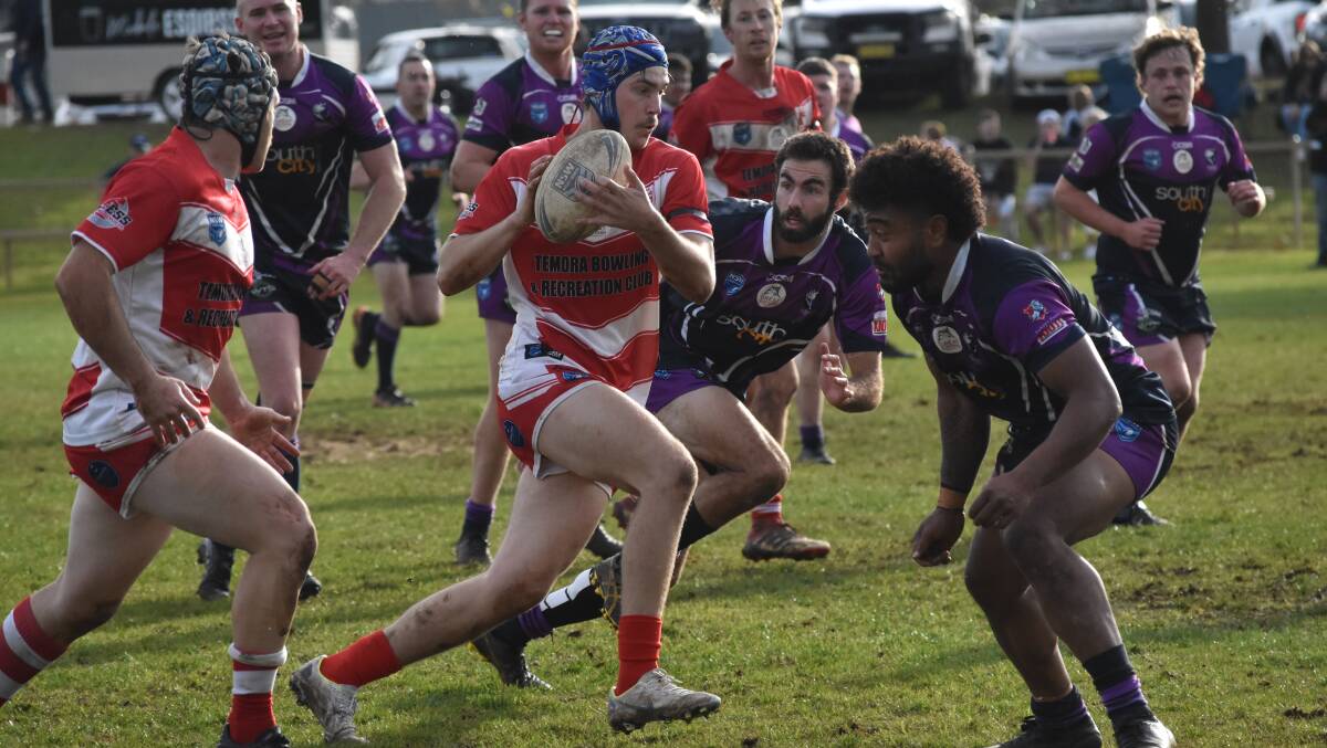 CREATING DANGER: Hamish Starr tries to slice through the Southcity defence in Temora's win at Nixon Park on Sunday. Picture: Courtney Rees