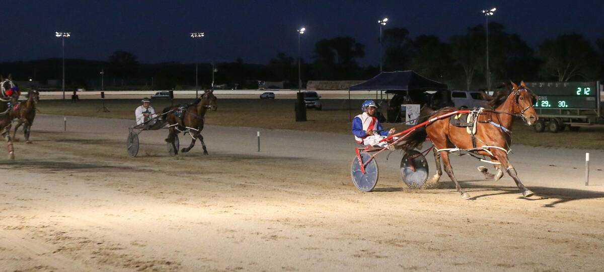 BIG NIGHT OUT: Damian Wilson won all five races he had drives in at Albury on Tuesday including this comfortable victory with Winkn Nod, who he also trains.
