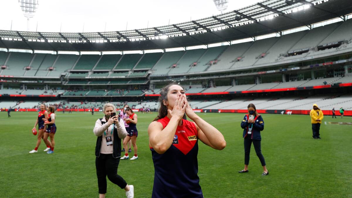 SWEET SUCCESS: Wagga product Gabby Colvin celebrates Melbourne's win to put them through to Saturday AFLW grand final. Picture: Getty Images
