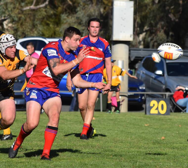 MAKING AN IMPACT: Hayden Ashcroft fires off a pass during Kangaroos' loss to Gundagai on Sunday. He hasn't committed to becoming a regular with the club but could line up against Brothers on Sunday. Picture: Courtney Rees