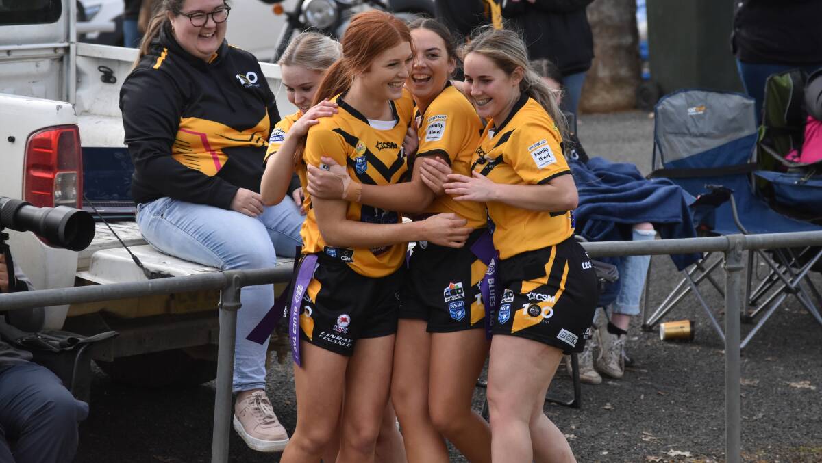SWEET SUCCESS: Gundagai celebrates after Emma Patterson's match-winning try as they took a 16-14 win over Kangaroos at Anzac Park on Saturday. 