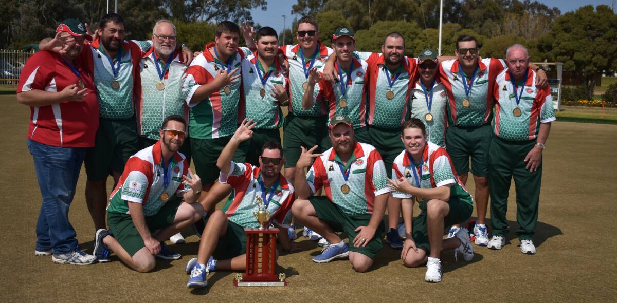 SWEET SUCCESS: Zone 12 celebrate after winning their third straight Bowls NSW State Open Interzone Championships in Wagga on Monday. Picture: Courtney Rees