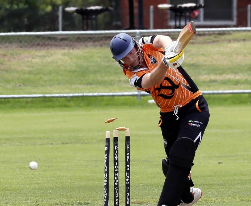 CLIPPING OFF: Sean Cull is bowled as Wagga RSL could only manage 92 in their loss to South Wagga at Harris Park on Saturday. Picture: Les Smith