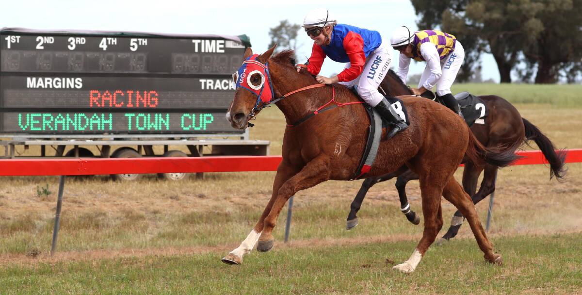 ALL SMILES: Jody Hughes takes Tearful Kitty to back-to-back wins in the Verdandah Town Cup for trainer Trevor Sutherland at the Lockhart picnics on Friday. Picture: Les Smith