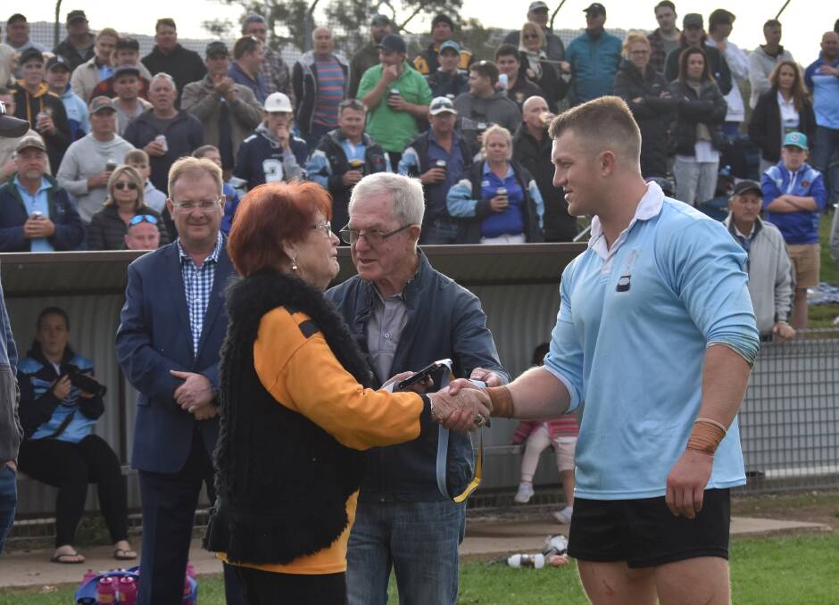 BIG DAY: NSWRL chief David Trodden (left) as part of the presentation of the Bronc Jones-Ray Beaven Medals to Zac Masters on Saturday. Picture: Courtney Rees