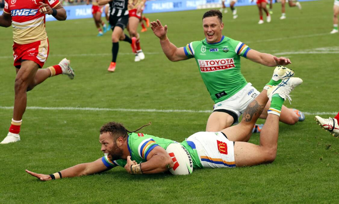 Sebastian Kris slides over to score for Canberra Raiders in their win over the Dolphins at Equex Centre on Saturday. Picture by Les Smith